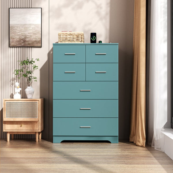 English Elm Wooden Seven Drawer Vertical Organizer with Built-in Outlet for Bedroom or Office Light Green T3210P477357