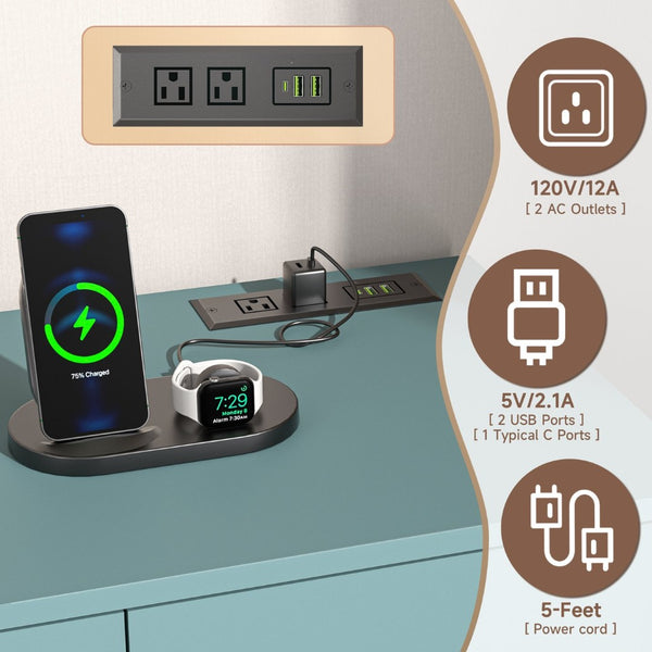 English Elm Wooden Seven Drawer Vertical Organizer with Built-in Outlet for Bedroom or Office Light Green T3210P477357