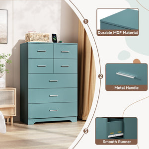 English Elm Wooden Seven Drawer Vertical Organizer with Built-in Outlet for Bedroom or Office Light Green T3210P477357