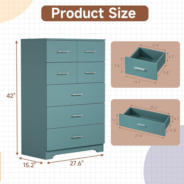 English Elm Wooden Seven Drawer Vertical Organizer with Built-in Outlet for Bedroom or Office Light Green T3210P477357