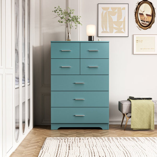 English Elm Wooden Seven Drawer Vertical Organizer with Built-in Outlet for Bedroom or Office Light Green T3210P477357