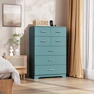 English Elm Wooden Seven Drawer Vertical Organizer with Built-in Outlet for Bedroom or Office Light Green T3210P477357