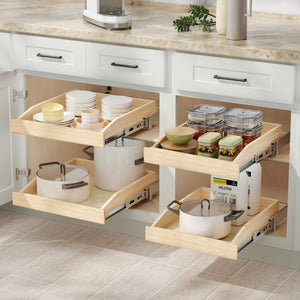 English Elm Single Pull Out Cabinet Organizer Solid Birch Oak Shelf with Soft Close Full Extension Rails T3210P516293