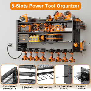 English Elm 33 Inch Wall Mounted Steel Drill Organizer with Charging Station for Garage Workshop T3210P530630