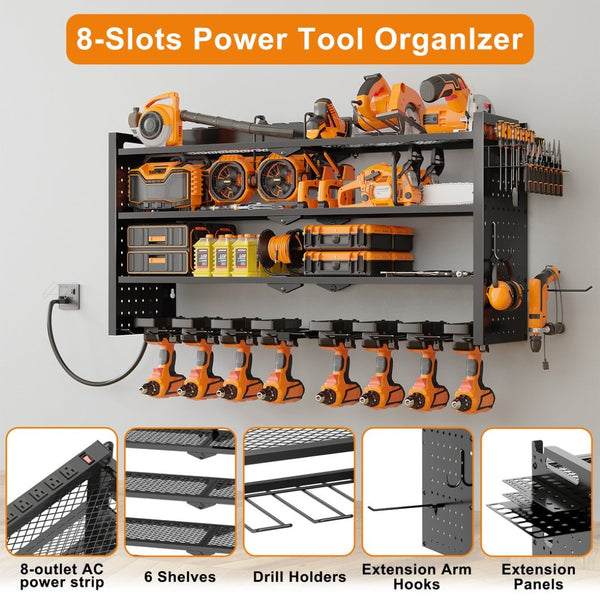English Elm 33 Inch Wall Mounted Steel Drill Organizer with Charging Station for Garage Workshop T3210P530630
