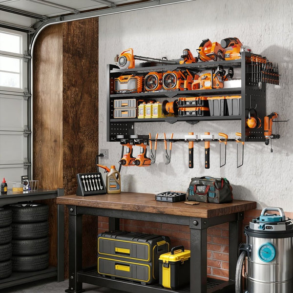English Elm 33 Inch Wall Mounted Steel Drill Organizer with Charging Station for Garage Workshop T3210P530630