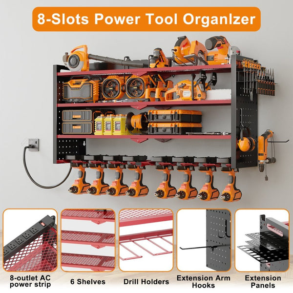 English Elm 33 Inch Steel Wall Mounted Drill Rack with 8 Outlet Charging Station for Garage T3210P530631