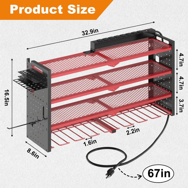 English Elm 33 Inch Steel Wall Mounted Drill Rack with 8 Outlet Charging Station for Garage T3210P530631