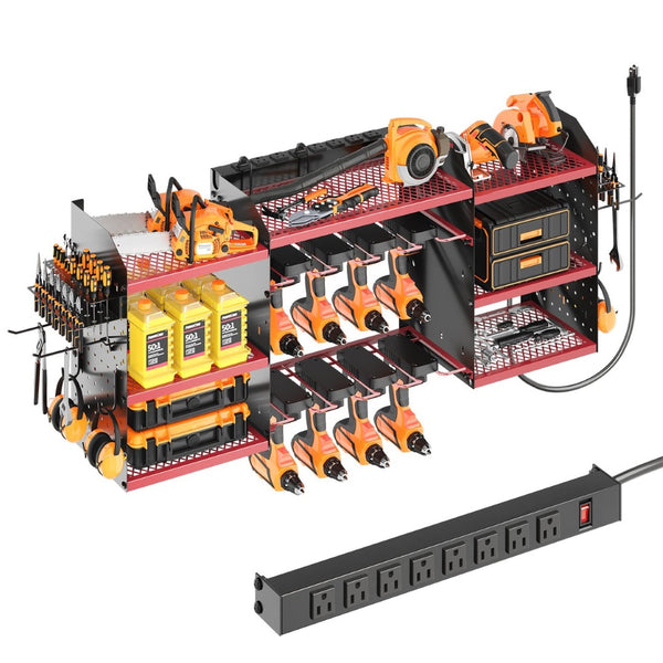 English Elm 40 Inch Steel Wall Drill Rack with Built-In 8-Outlet Charging Station for Garage Workshops T3210P530634