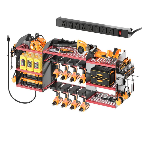English Elm 40 Inch Steel Wall Drill Rack with Built-In 8-Outlet Charging Station for Garage Workshops T3210P530634