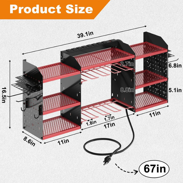 English Elm 40 Inch Steel Wall Drill Rack with Built-In 8-Outlet Charging Station for Garage Workshops T3210P530634