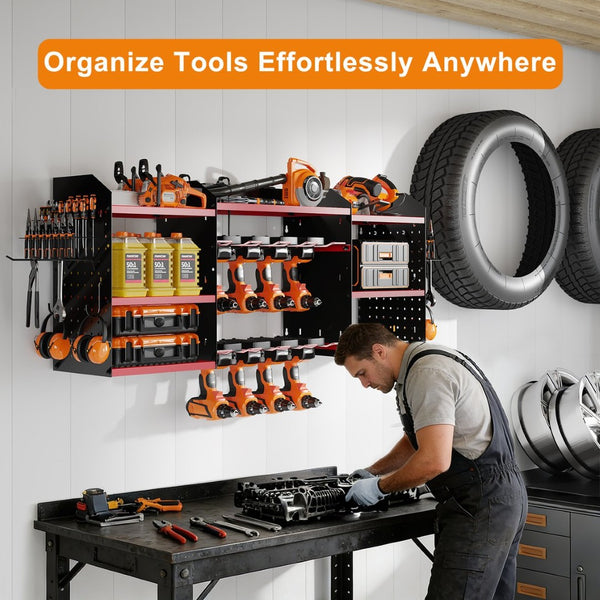 English Elm 40 Inch Steel Wall Drill Rack with Built-In 8-Outlet Charging Station for Garage Workshops T3210P530634