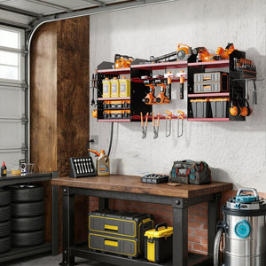 English Elm 40 Inch Steel Wall Drill Rack with Built-In 8-Outlet Charging Station for Garage Workshops T3210P530634