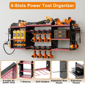 English Elm 40 Inch Steel Wall Drill Rack with Built-In 8-Outlet Charging Station for Garage Workshops T3210P530634