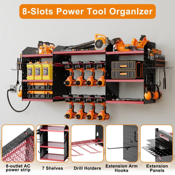 English Elm 40 Inch Steel Wall Drill Rack with Built-In 8-Outlet Charging Station for Garage Workshops T3210P530634