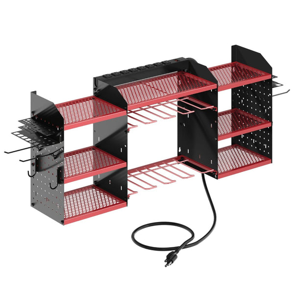 English Elm 40 Inch Steel Wall Drill Rack with Built-In 8-Outlet Charging Station for Garage Workshops T3210P530634