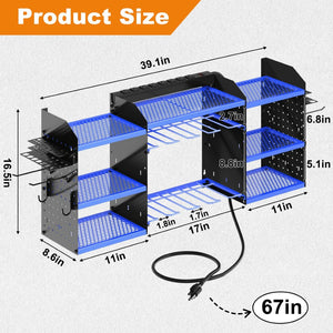 English Elm 40 Inch Steel Wall Mounted Drill Rack with 8 Outlet Charging Station and Workshop Hooks T3210P530635