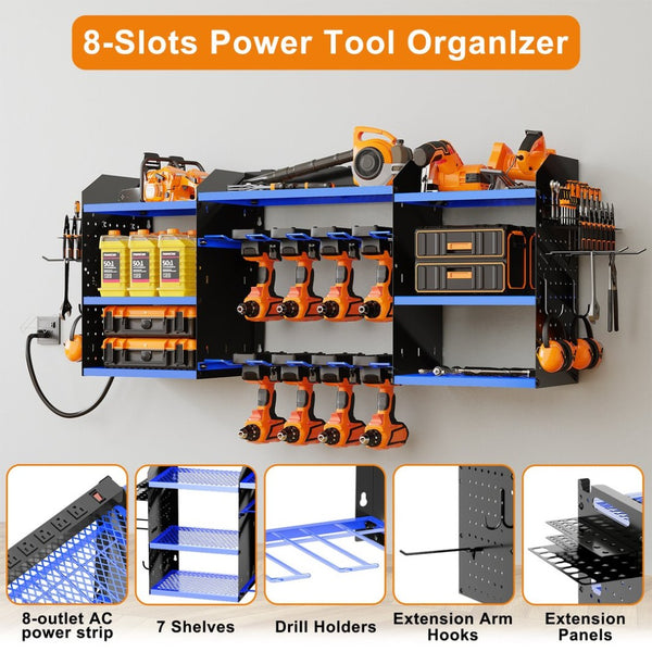 English Elm 40 Inch Steel Wall Mounted Drill Rack with 8 Outlet Charging Station and Workshop Hooks T3210P530635
