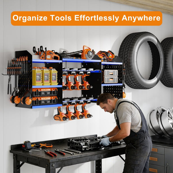 English Elm 40 Inch Steel Wall Mounted Drill Rack with 8 Outlet Charging Station and Workshop Hooks T3210P530635
