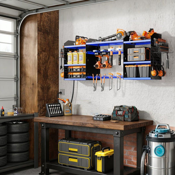 English Elm 40 Inch Steel Wall Mounted Drill Rack with 8 Outlet Charging Station and Workshop Hooks T3210P530635
