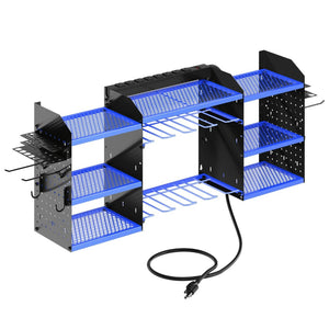 English Elm 40 Inch Steel Wall Mounted Drill Rack with 8 Outlet Charging Station and Workshop Hooks T3210P530635
