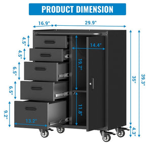 English Elm Metal Rolling Tool Cabinet with Five Drawers Locking Door and Casters for Garage T3210P530927