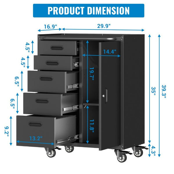 English Elm Metal Rolling Tool Cabinet with Five Drawers Locking Door and Casters for Garage T3210P530927