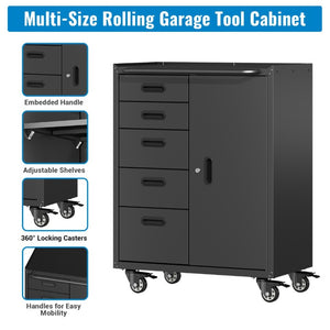 English Elm Metal Rolling Tool Cabinet with Five Drawers Locking Door and Casters for Garage T3210P530927