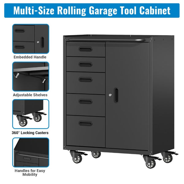 English Elm Metal Rolling Tool Cabinet with Five Drawers Locking Door and Casters for Garage T3210P530927