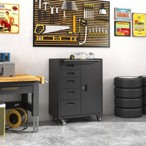English Elm Metal Rolling Tool Cabinet with Five Drawers Locking Door and Casters for Garage T3210P530927