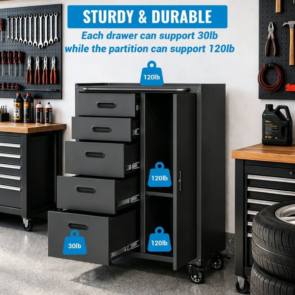 English Elm Metal Rolling Tool Cabinet with Five Drawers Locking Door and Casters for Garage T3210P530927