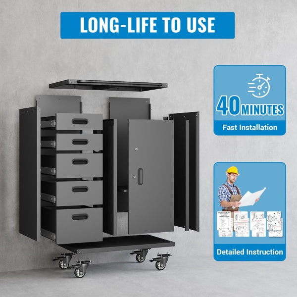 English Elm Metal Rolling Tool Cabinet with Five Drawers Locking Door and Casters for Garage T3210P530927