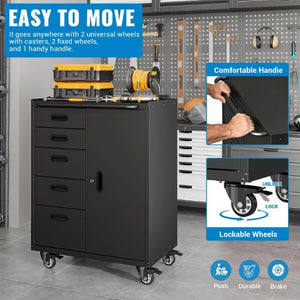 English Elm Metal Rolling Tool Cabinet with Five Drawers Locking Door and Casters for Garage T3210P530927