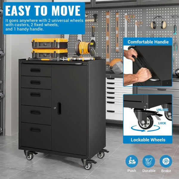 English Elm Metal Rolling Tool Cabinet with Five Drawers Locking Door and Casters for Garage T3210P530927