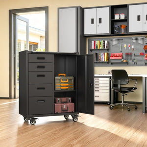 English Elm Metal Rolling Tool Cabinet with Five Drawers Locking Door and Casters for Garage T3210P530927
