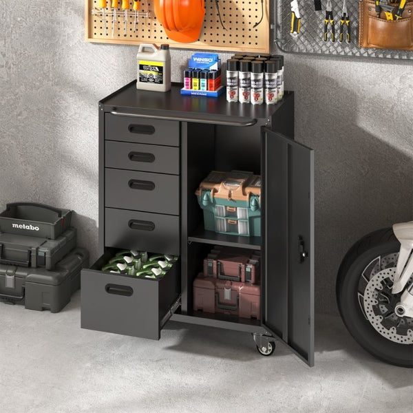 English Elm Metal Rolling Tool Cabinet with Five Drawers Locking Door and Casters for Garage T3210P530927