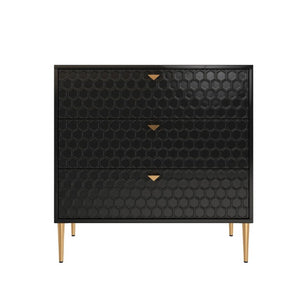 English Elm Storage Cabinet Three Drawer Chest with Honeycomb Panels and Tapered Gold Legs T3609P548455
