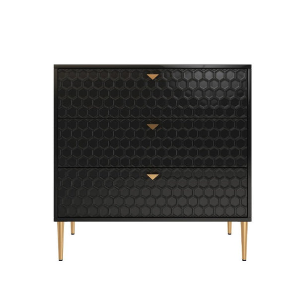 English Elm Storage Cabinet Three Drawer Chest with Honeycomb Panels and Tapered Gold Legs T3609P548455