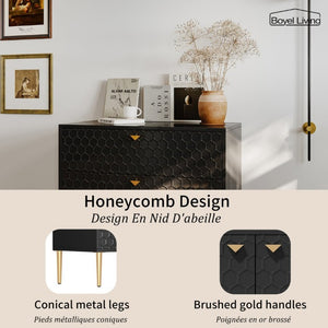 English Elm Storage Cabinet Three Drawer Chest with Honeycomb Panels and Tapered Gold Legs T3609P548455