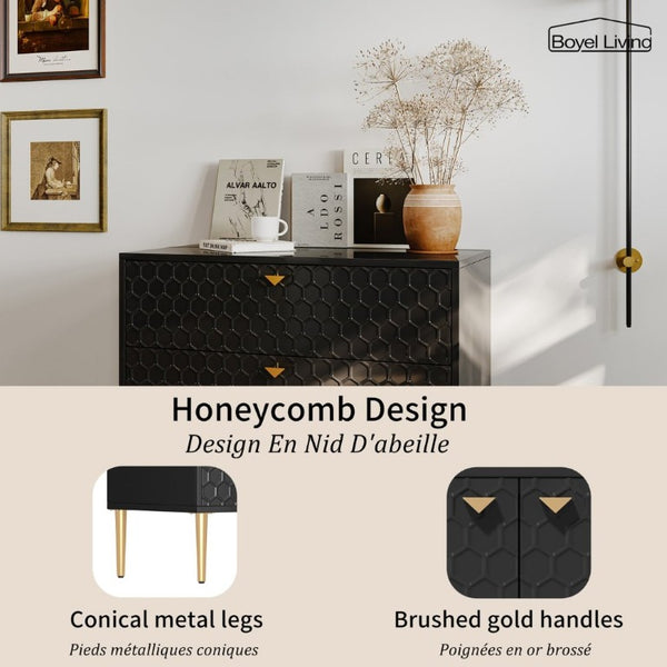 English Elm Storage Cabinet Three Drawer Chest with Honeycomb Panels and Tapered Gold Legs T3609P548455