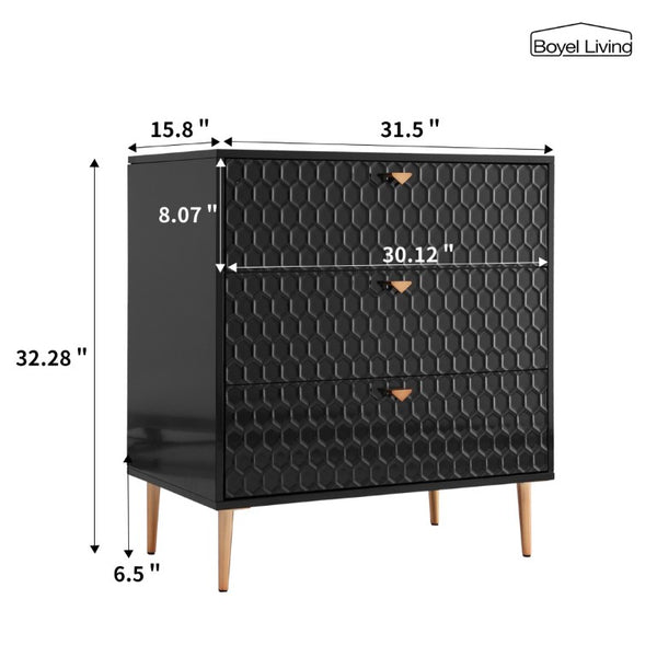 English Elm Storage Cabinet Three Drawer Chest with Honeycomb Panels and Tapered Gold Legs T3609P548455