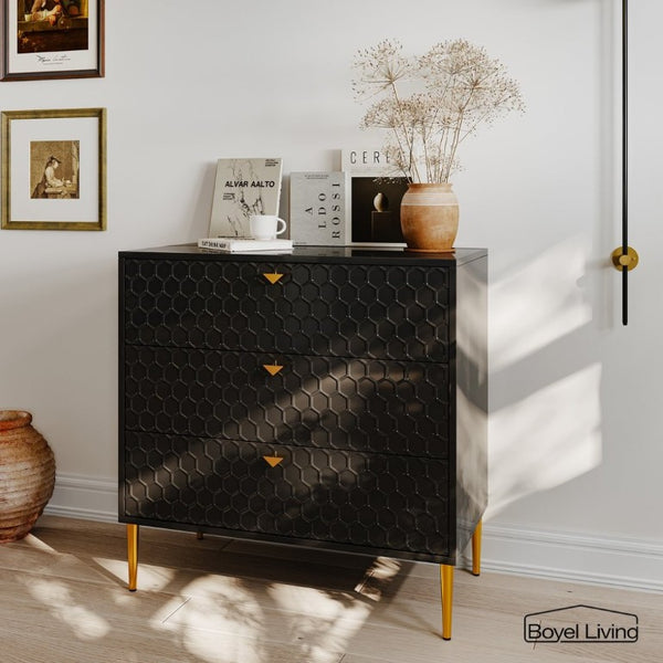 English Elm Storage Cabinet Three Drawer Chest with Honeycomb Panels and Tapered Gold Legs T3609P548455