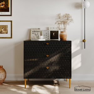 English Elm Storage Cabinet Three Drawer Chest with Honeycomb Panels and Tapered Gold Legs T3609P548455