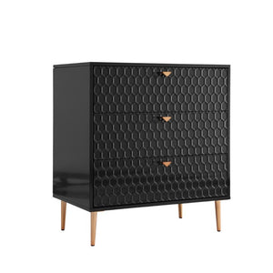 English Elm Storage Cabinet Three Drawer Chest with Honeycomb Panels and Tapered Gold Legs T3609P548455