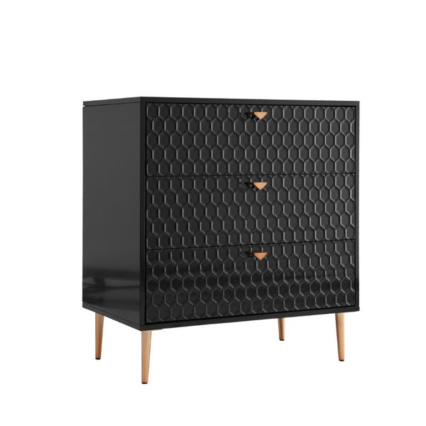 English Elm Storage Cabinet Three Drawer Chest with Honeycomb Panels and Tapered Gold Legs T3609P548455