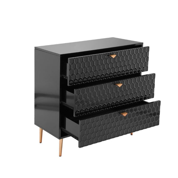 English Elm Storage Cabinet Three Drawer Chest with Honeycomb Panels and Tapered Gold Legs T3609P548455