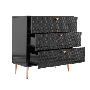English Elm Storage Cabinet Three Drawer Chest with Honeycomb Panels and Tapered Gold Legs T3609P548455