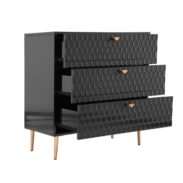 English Elm Storage Cabinet Three Drawer Chest with Honeycomb Panels and Tapered Gold Legs T3609P548455