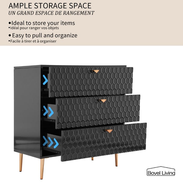 English Elm Storage Cabinet Three Drawer Chest with Honeycomb Panels and Tapered Gold Legs T3609P548455