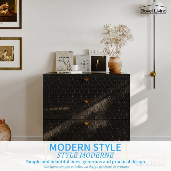 English Elm Storage Cabinet Three Drawer Chest with Honeycomb Panels and Tapered Gold Legs T3609P548455